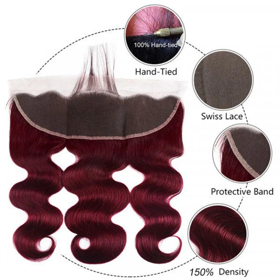 2/3/4 Bundles With Frontal Body Wave Highlight Burgundy #99J Human Hair 13x4 Lace Front With 3 Bundles Brazilian Hair For Women