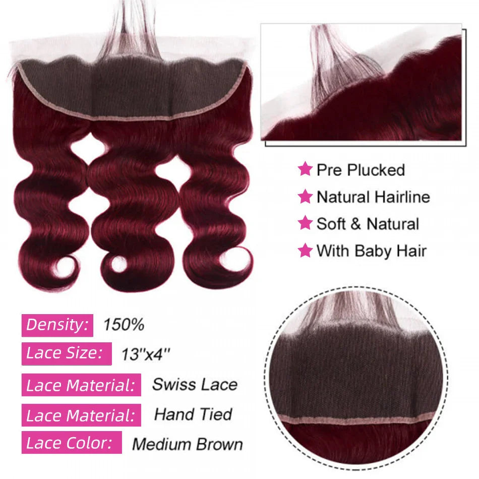 2/3/4 Bundles With Frontal Body Wave Highlight Burgundy #99J Human Hair 13x4 Lace Front With 3 Bundles Brazilian Hair For Women