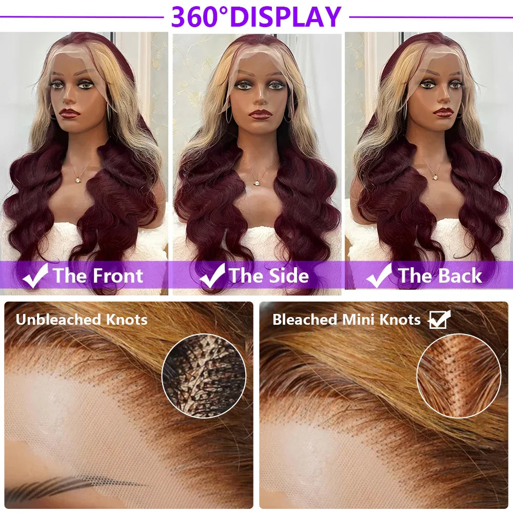 99J/613 Balayage Highlight Body Wave 13x4 Lace Front Brazilian Human Hair Wigs 30 Inch Ombre Burgundy Blonde Red Colored Wigs