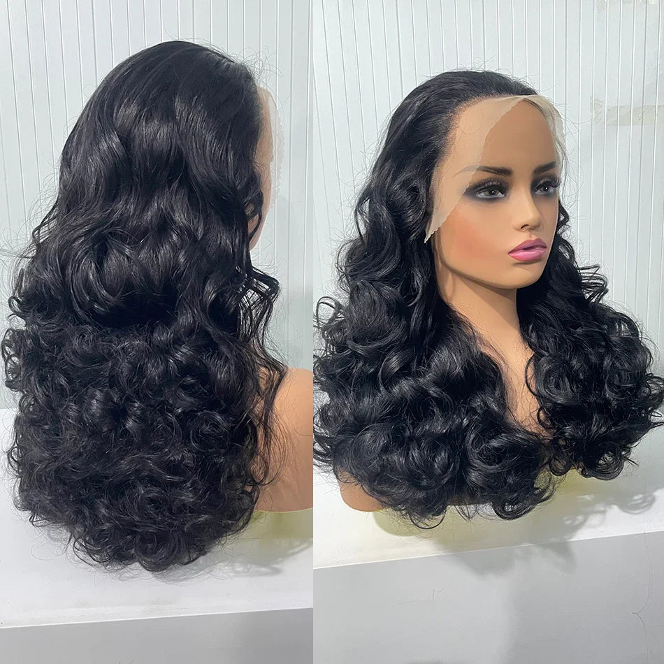 100% Human Hair Natural Black 250 Density Bouncy Curly Loose Body Wave Super Double Drawn Raw Indian Hair 13x4 Lace Frontal Wigs