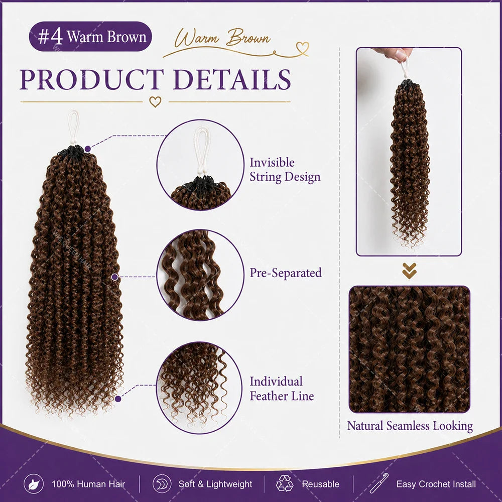 Brown Curly Deep Wave Miracle Knots Feather Crochet Human Hair For Braiding Boho Braids Pre-Separated 100% Human Hair Extensions