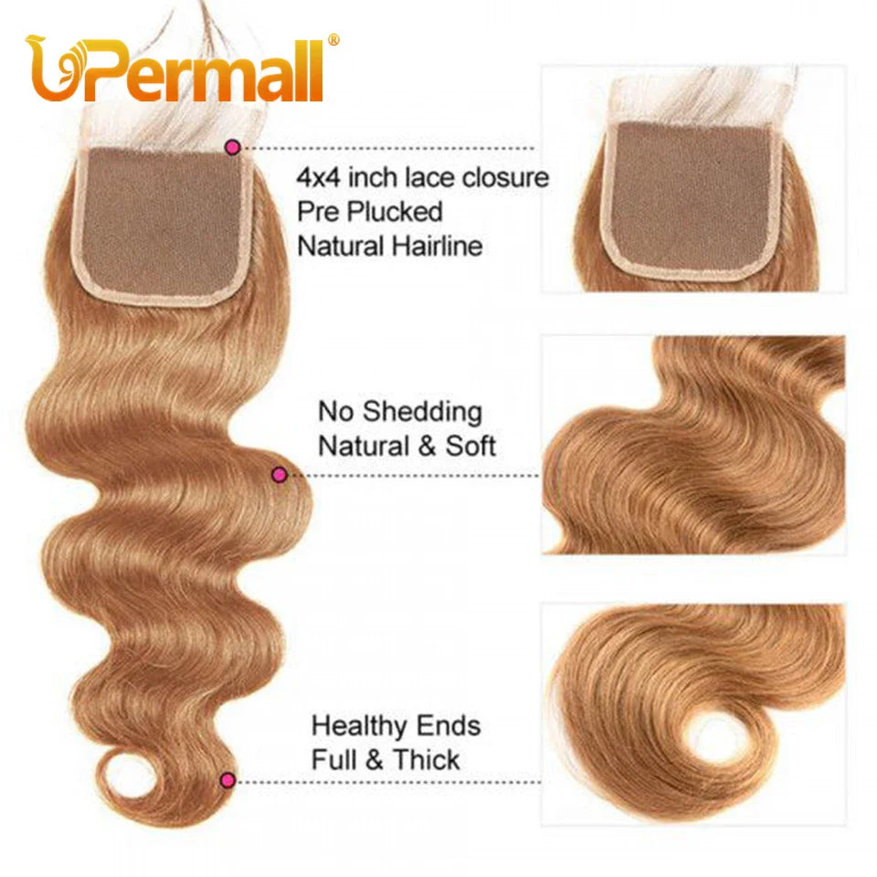 Upermall #27 Colored 3/4 Remy Bundles with Closure Body Wave Human Hair Honey Blonde Transparent 4x4 5x5 Lace Closure and Weaves