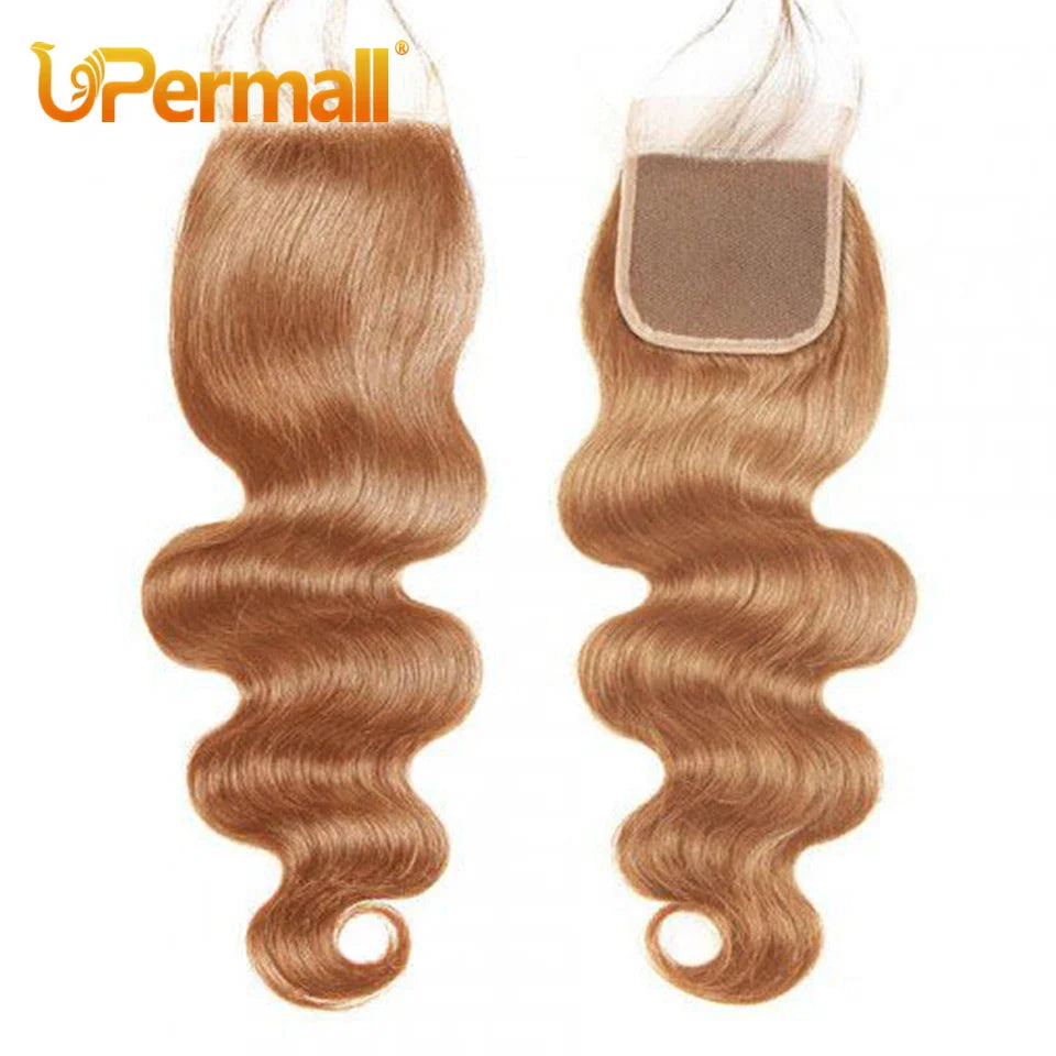 Upermall #27 Colored 3/4 Remy Bundles with Closure Body Wave Human Hair Honey Blonde Transparent 4x4 5x5 Lace Closure and Weaves
