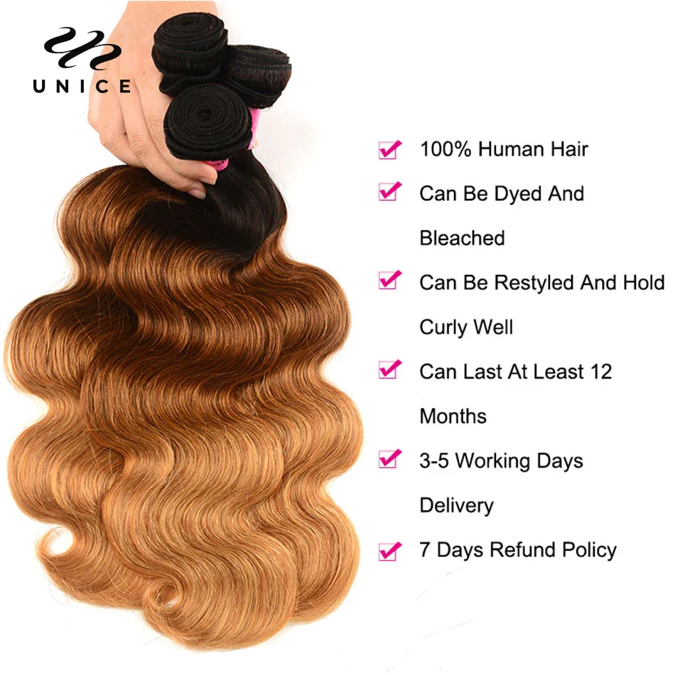 UNICE HAIR Ombre Hair Bundles Brazilian Body Wave 3 Bundles 100% Human Hair Weaves Remy Hair Extension 16-26inch Free Shipping
